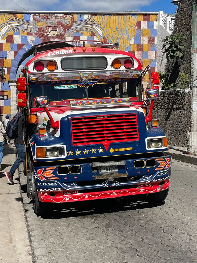 Chicken buses in Antigua, Guatemala