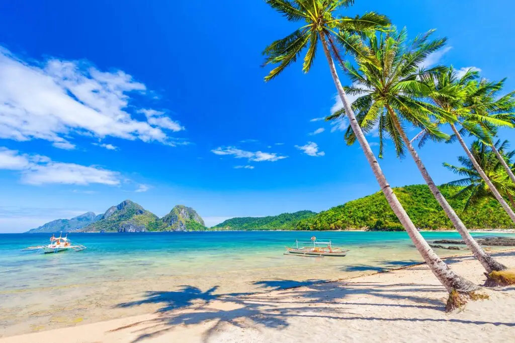 Pristine white sand beach with coconut palms and turquoise waters in El Nido, Palawan, Philippines
